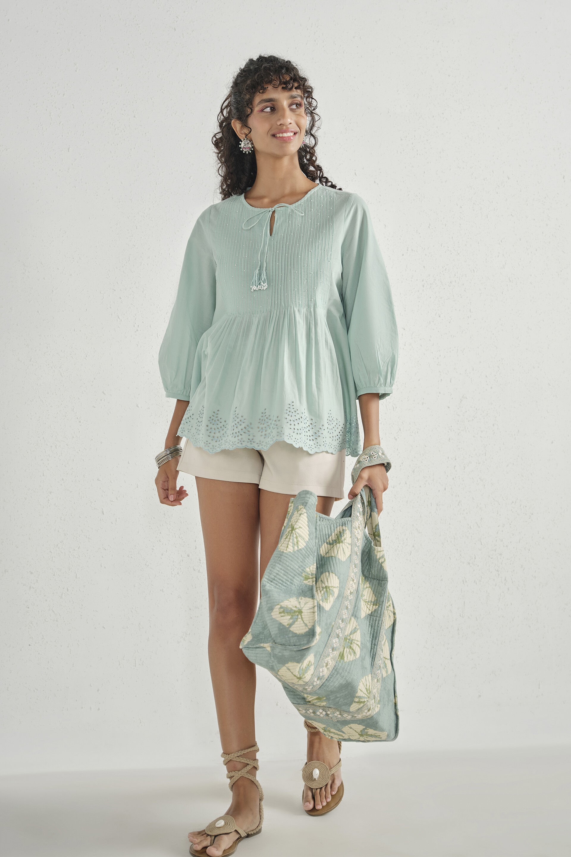 Teal Cotton Pleated Top, Teal, image 2